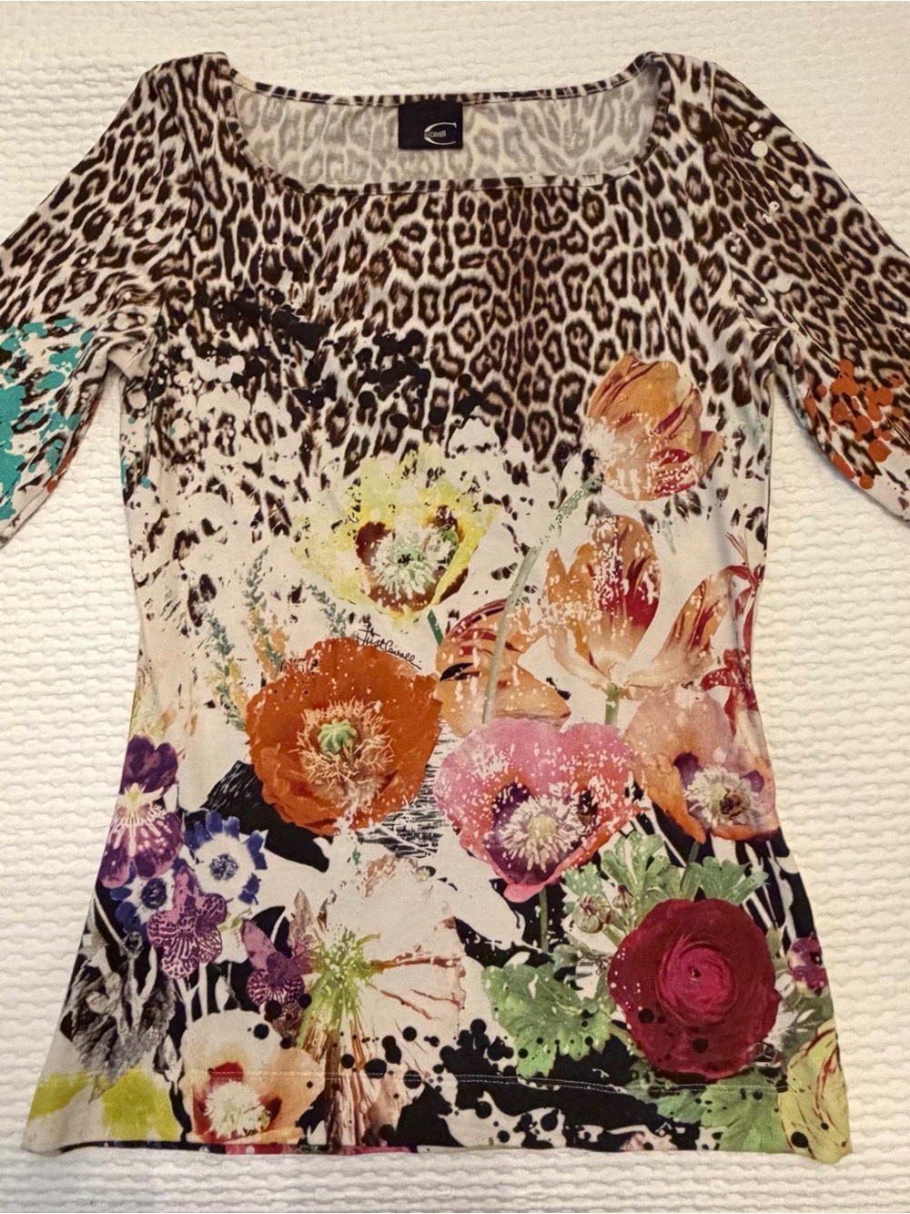 Allover Floral & Animal Print Scoop Neck Top - Multicolor